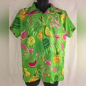 King Of Kameha Tropical Green Hawaiian Shirt with Pink Flamingos Size Med E-1708